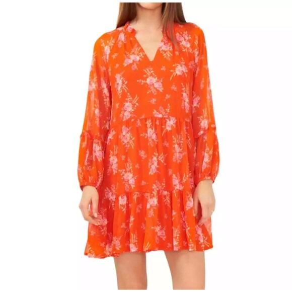 Vince Camuto Orange A Line Tiered Flowy Lined Small LS Dress Floral Short - Picture 1 of 3